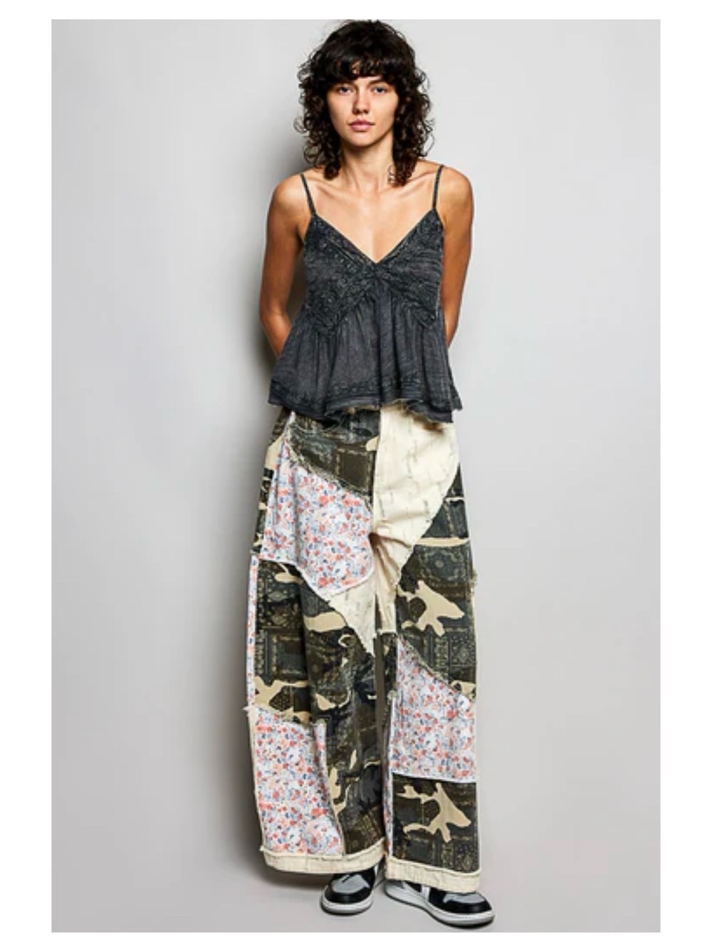 Wide-Leg Patchwork Pants in Olive & Cream